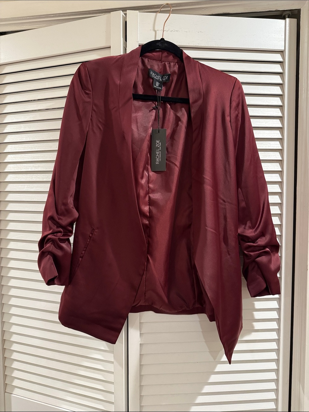 NWT Rachel Zoe Satin Open-Front Blazer in Deep Wine S